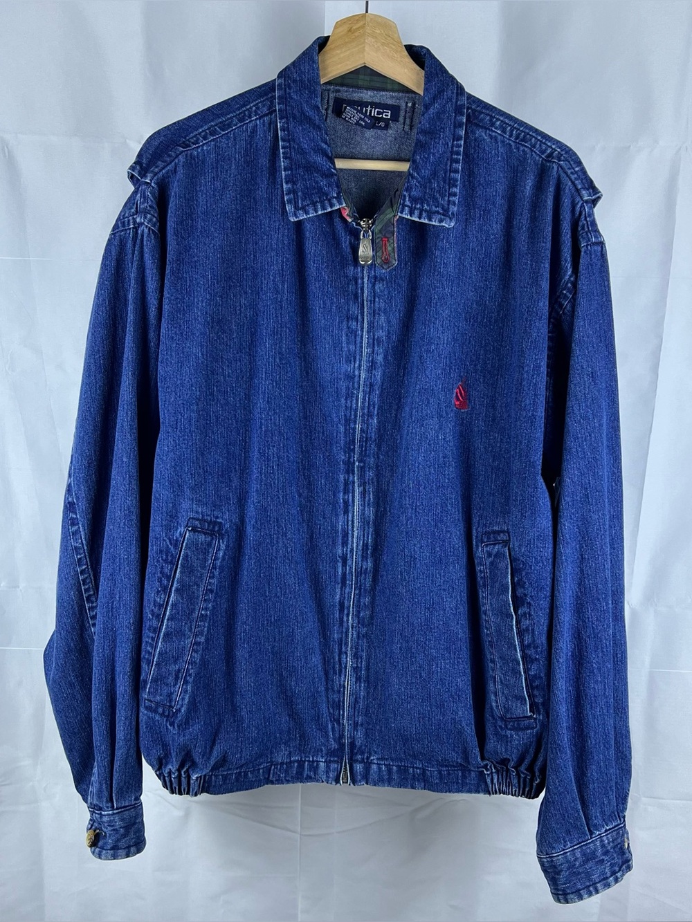 VTG Nautica Jacket Mens Large Denim Harrington Blue Cotton Plaid Trim 90s